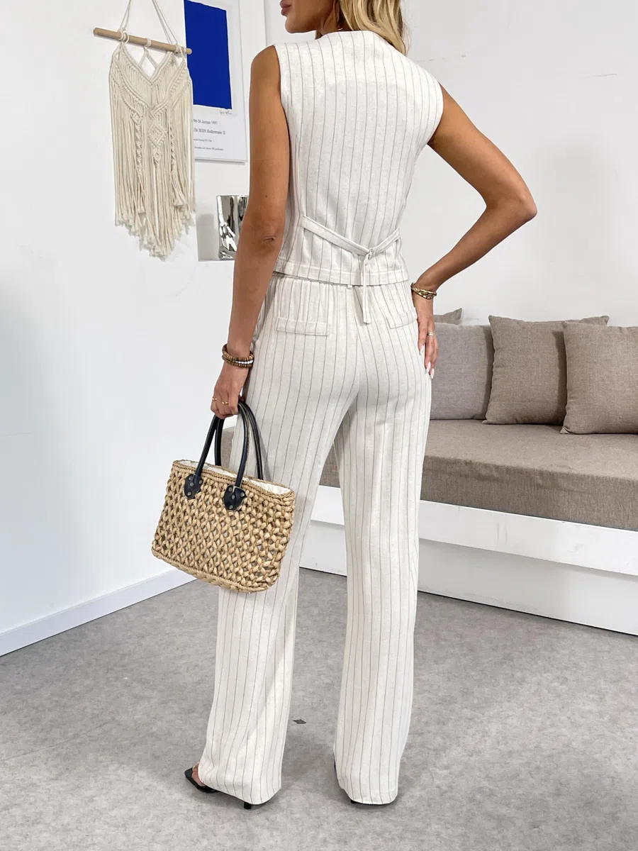 Gilet da donna in lino con scollo a V, con bottoni, per lavoro, vacanze, senza maniche, blazer