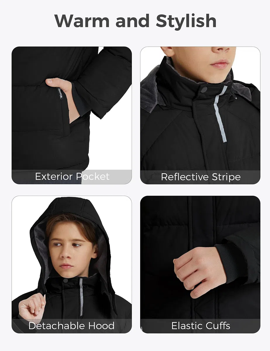 Wantdo Giacca Caldo Invernale Parka con Cappuccio Antivento Cappotto da Esterno Trapuntato Giubbotto in Cotone da Trekking Bambino