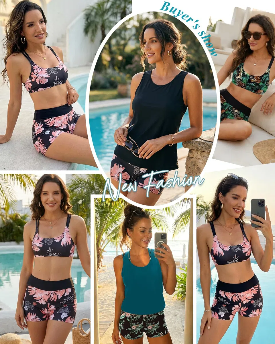 CheChury Tankini da Donna Set 3 Pezzi Costume da Bagno Donna con Pantaloncini Canotte con Reggiseno e Culotte Sets Stampato Tankini Set Crisscross Bikini Top Controllo Pancia Vita Alta Costume Bagno