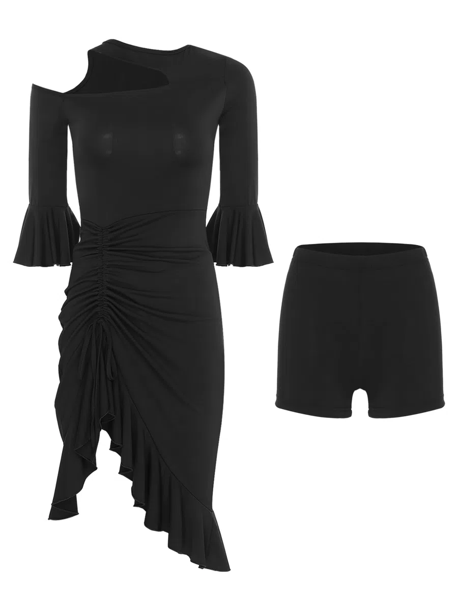 Vestito da Ballo Latino Americano Donna Manica Corta Abito Danza Classica con Orlo Asimmetrico Vestito + Pantaloncini Abito da Pattinaggio Artistico