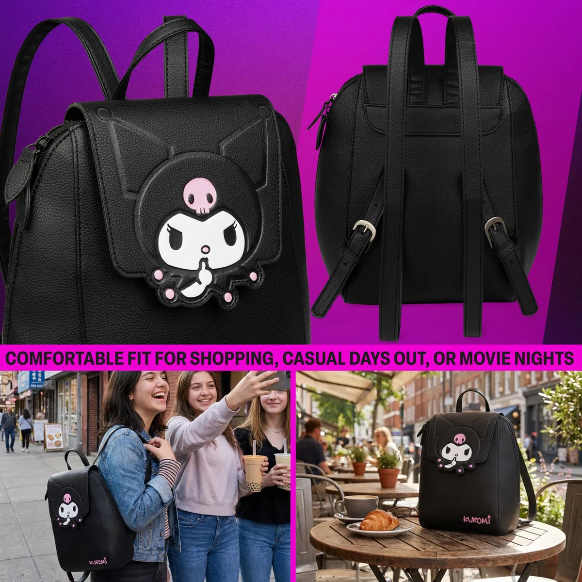 Get Trend Hello Kitty Sanrio Kuromi Zaino Donna e Adolescenti, Anime Zainetto Viaggio, Pelle PU Borsa Tracolla, Regalo per Lei (Nero Kuromi)