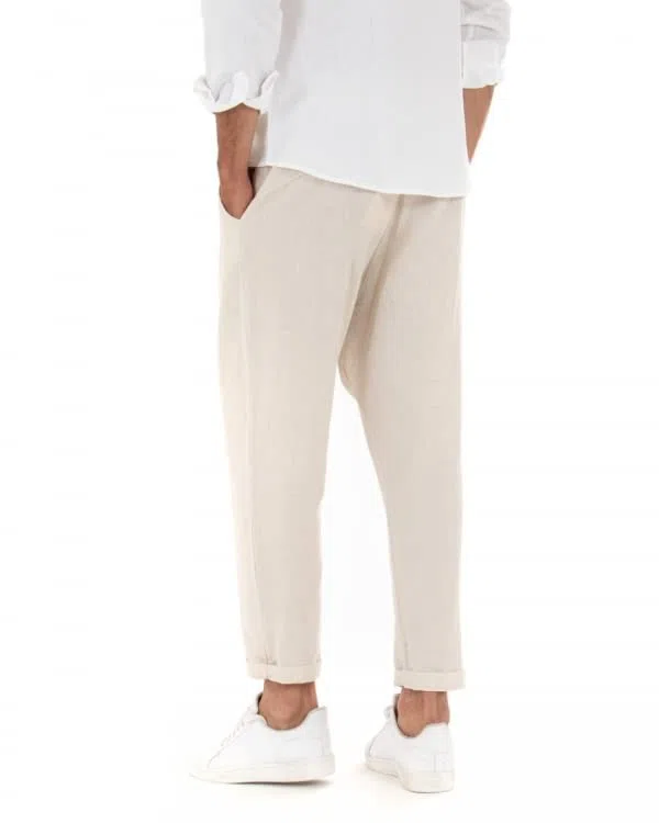 Giosal Pantalone Uomo Elastico Lino Tinta Unita Cavallo Basso Casual Vari Colori