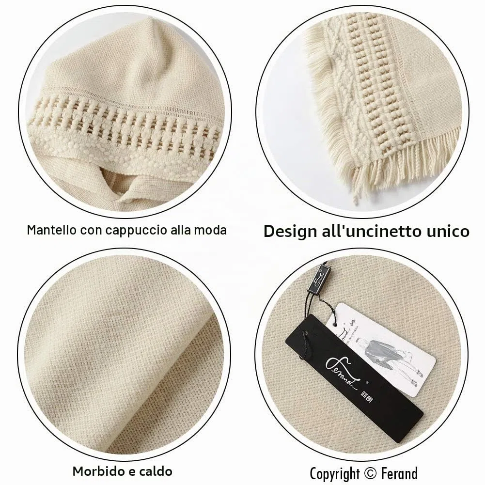 Ferand Poncho da Donna Mantella con Cappuccio e Orlo Sfrangiato