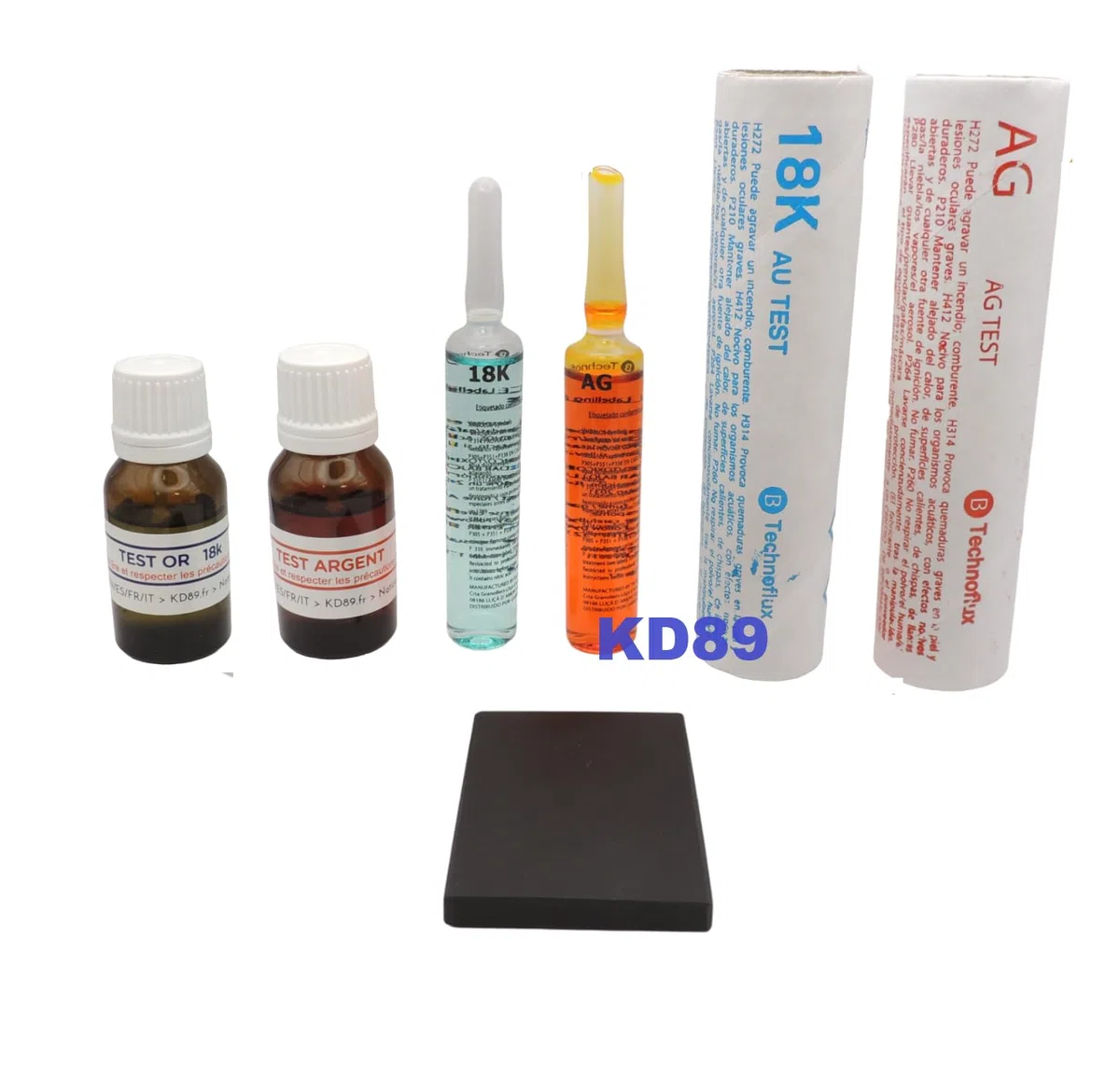 KD89 Kit per testare i metalli, test in oro 18 K e argento, 15 ml 18 K + fiala da 15 ml argento – flaconi codigoutte 15 ml + pietra di tocco, Vetro, Oro/Argento