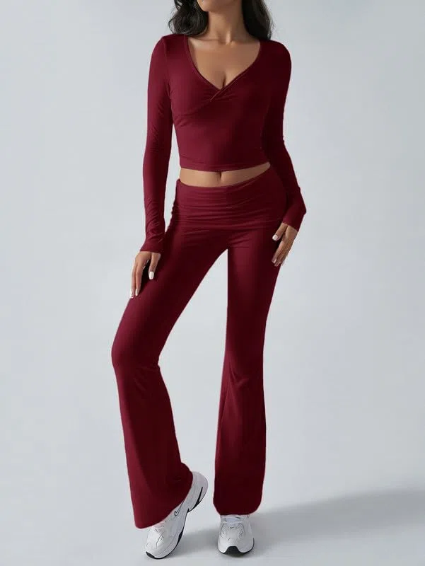 Tuta Donna Casual 2 Pezzi Completo Sportivo Maniche Lunghe Crop Top e Pantaloni a Zampa Tute Scollo a V Slim Fit Lounge Set Elegante per Yoga Palestra Fitness Jogging Outfit Y2K Streetwear