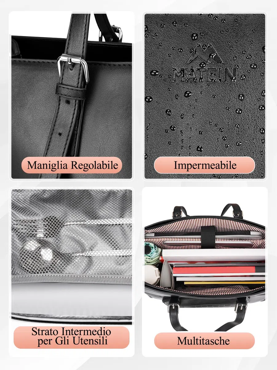 MATEIN Borsa Lavoro Donna con Scomparto Pranzo Isolato, Grande Borsa Porta PC Donna 15,6 Pollici in Pelle PU, Impermeabile Borse Tote Bag per Università, Ufficio, Shopper, Termica Porta Pranzo, Nero