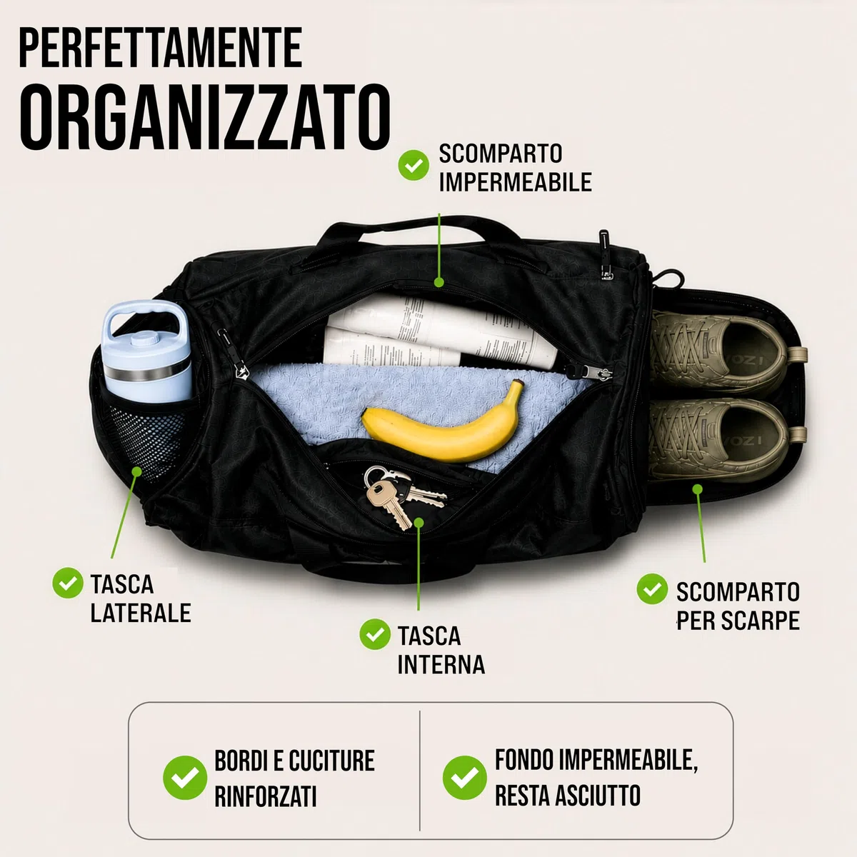 Borsone Palestra Uomo & Donna - Borsone da Viaggio con Porta Scarpe e Tasca Umida - Borsa Palestra Donna per Sport, Fitness, Piscina (Nero, 30 l)