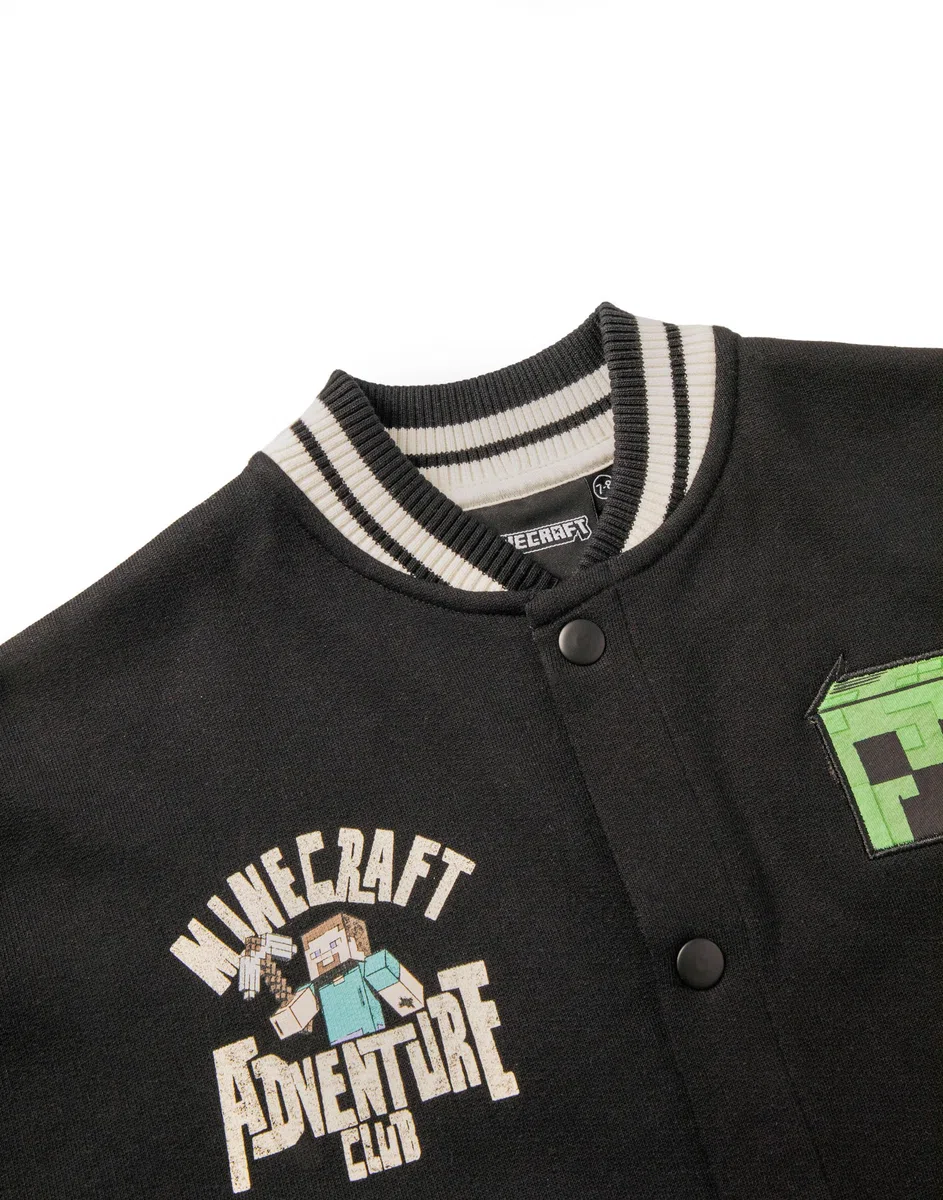 MINECRAFT Giubbotto bomber Creeper in bianco e nero | Giacca college da ragazzo con grafica Adventure Club | Capispalla per abbigliamento casual a maniche lunghe | Merchandising