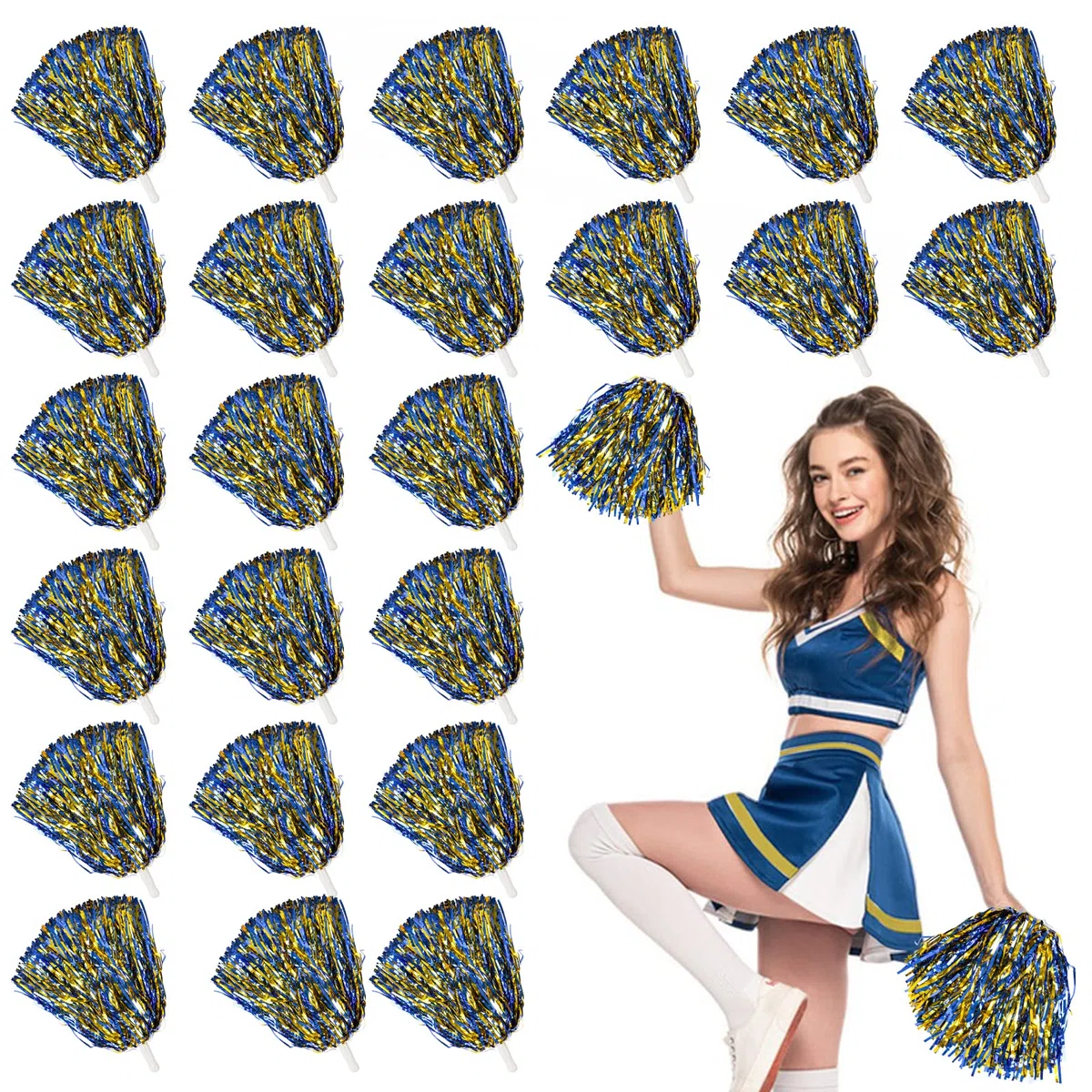 24 pompon da cheerleading metallici, per bambini, cheerleader, pom pom poms con manico per bacchetta, per adulti, squadra, sport, gioco di danza (oro e blu)