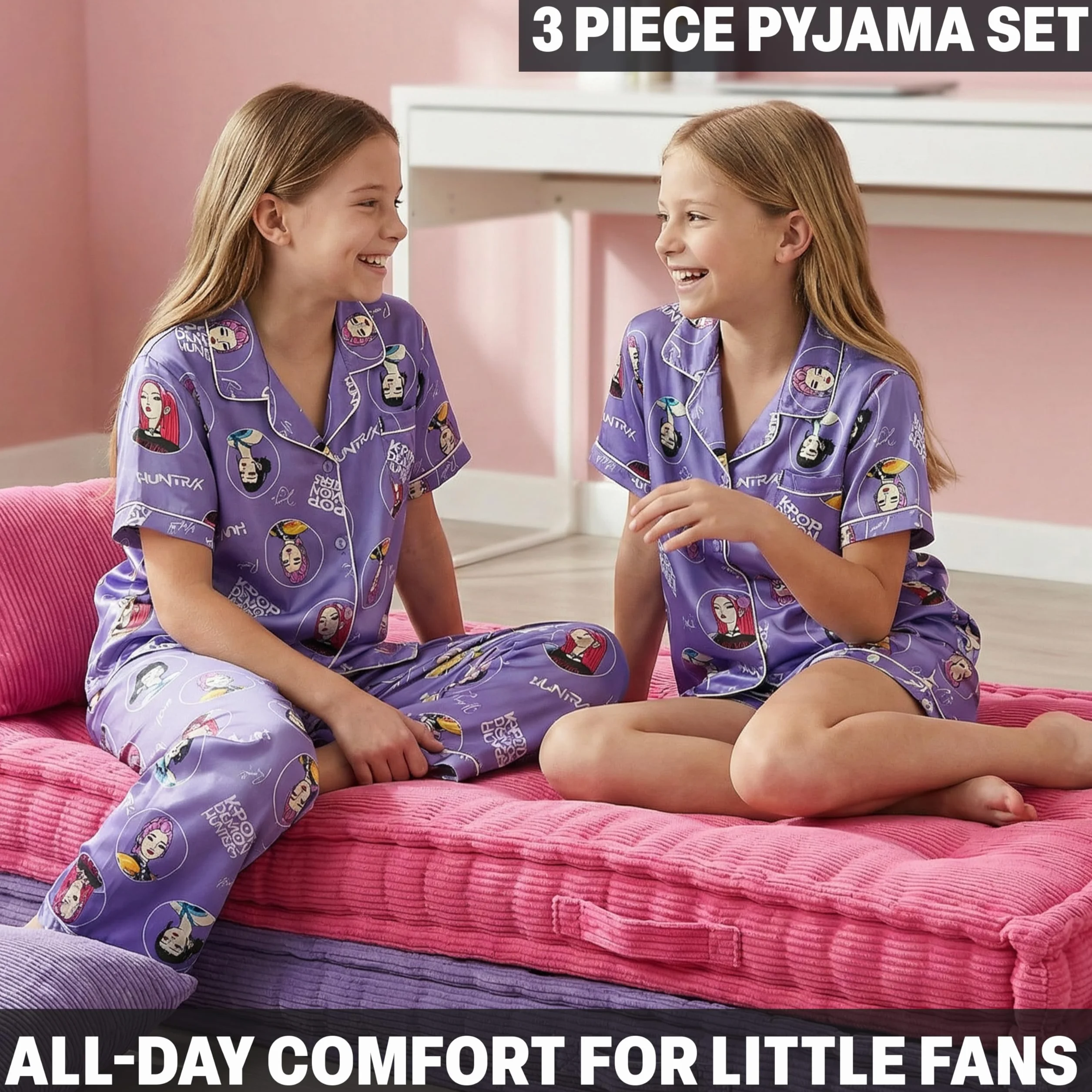 Get Trend KPOP Demon Hunters Huntrix Pigiama Bambina, Set 3 Pezzi Camicia con Bottoni, Pantaloncini e Pantaloni Pigiama, Regalo Ragazza