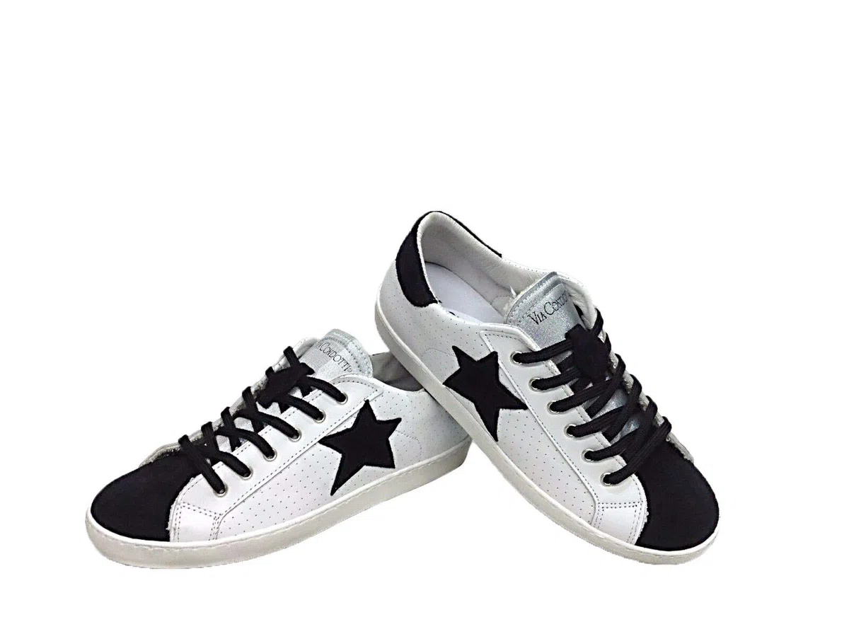 VIA CONDOTTI Scarpe Sneakers Basse Pelle Traforata Bianco Nero Art Golf Stella