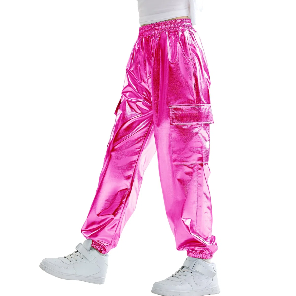 Rolanko Ragazze Pantaloni Cargo Metallizzati, Hip Hop da Ballo Streetwear con Vita Elastica per Bambini