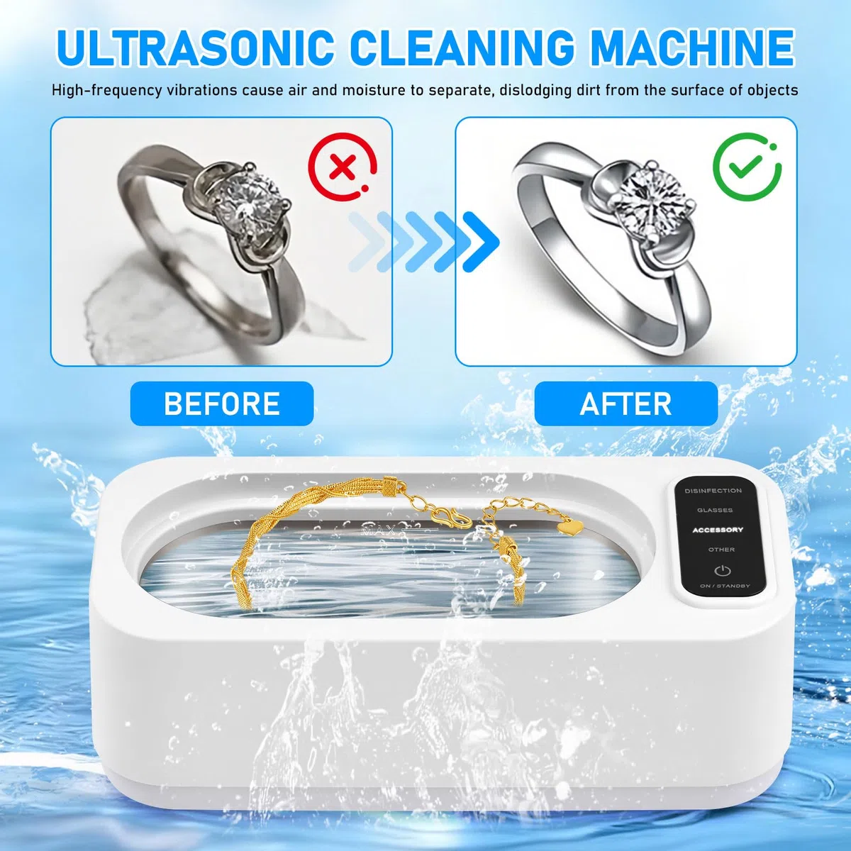 49KHz Pulitore Ultrasuoni,350 ml Ultrasonic Cleaner,Lavatrice Ultrasuoni,Pulizia Profonda a 360 gradi,con 4 modalità di Pulizia,Per Pulizia Gioielli, Occhiali, Orologi, Anelli, Collane