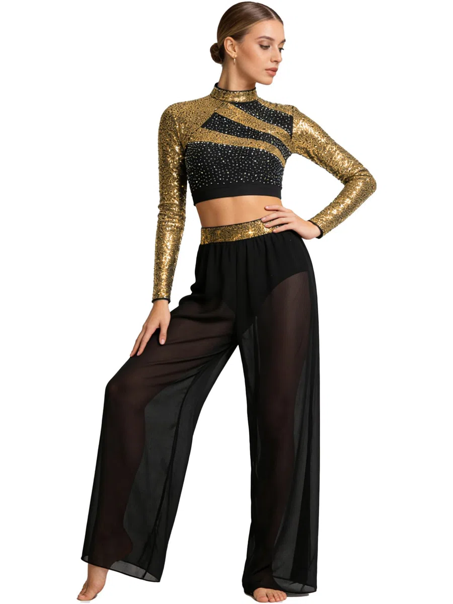 inhzoy Vestito da Ballo Lirico Contemporaneo Donna Completo da Ginnastica Ritmica con Strass Paillettes Crop Top Danza Classica Moderna + Pantaloni Lunghi Dancewear