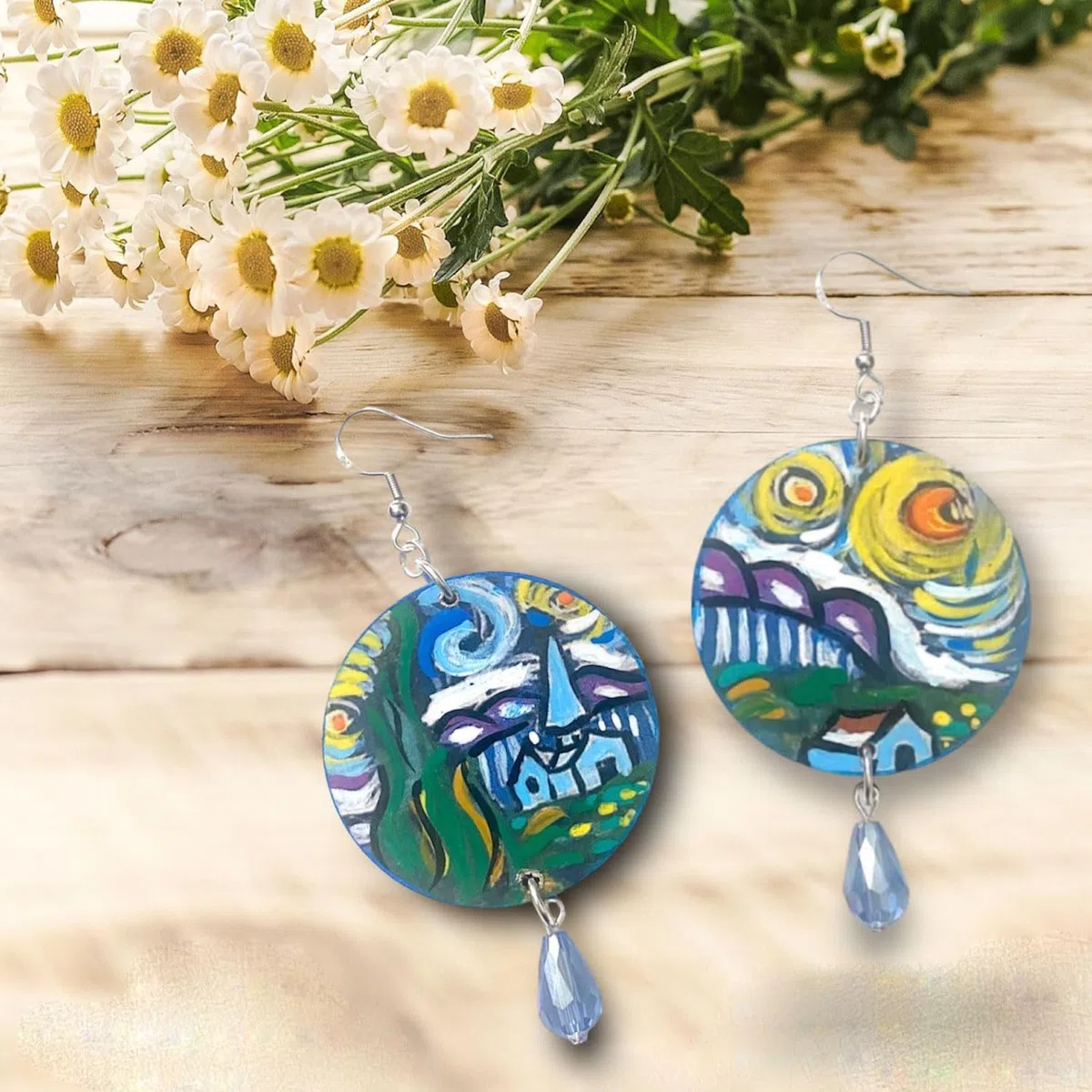 Orecchini dipinti a mano – LA NOTTE STELLATA QUADRO FAMOSO - Orecchini pendenti da donna, Gioielli in legno, Gancio in argento, Made in Italy, Bijoux da donna decorati, Lavorazione Artigianale