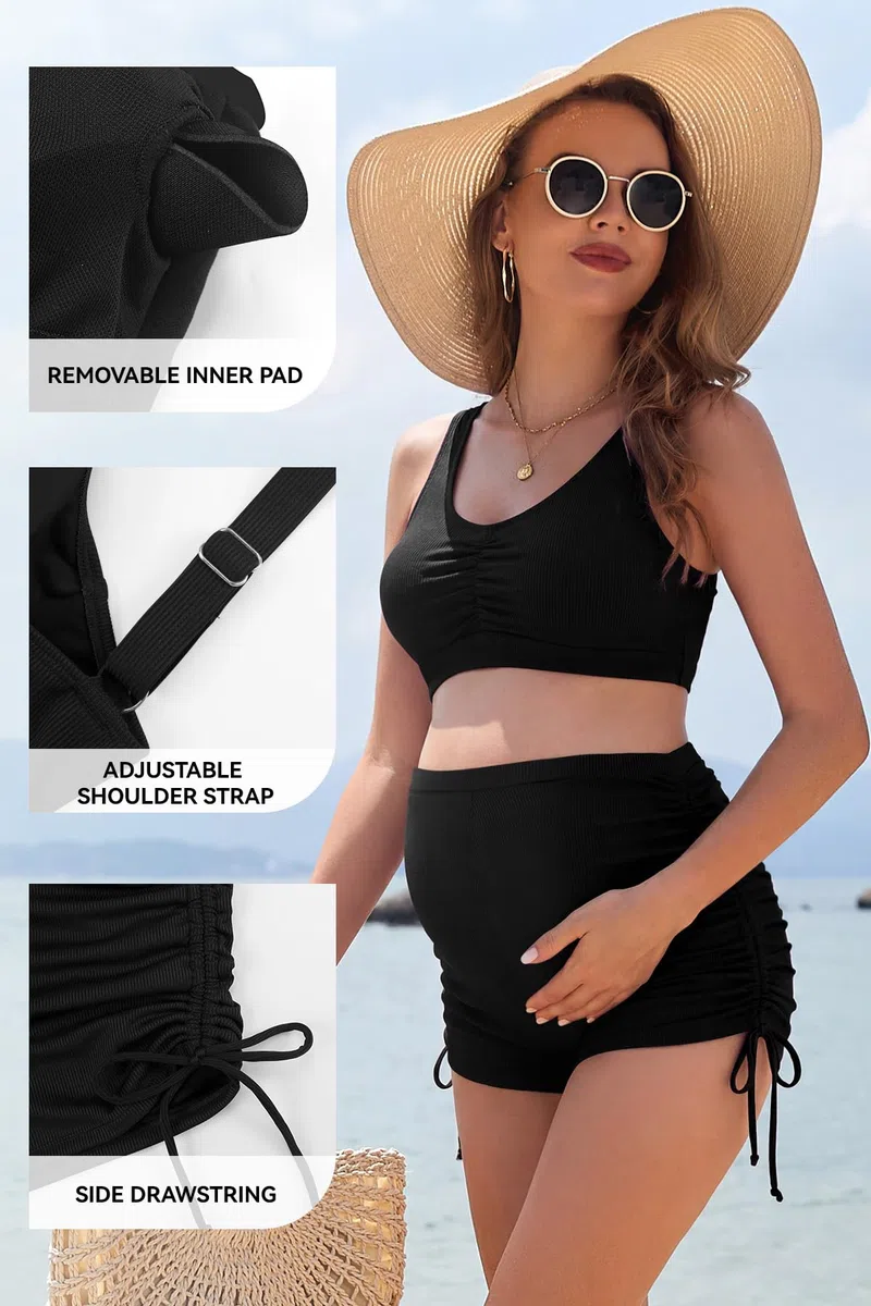 SHEKINI Costume Premaman Due Pezzi Vita Alta Bikini maternità Coulisse Laterale Regolabile Collo V