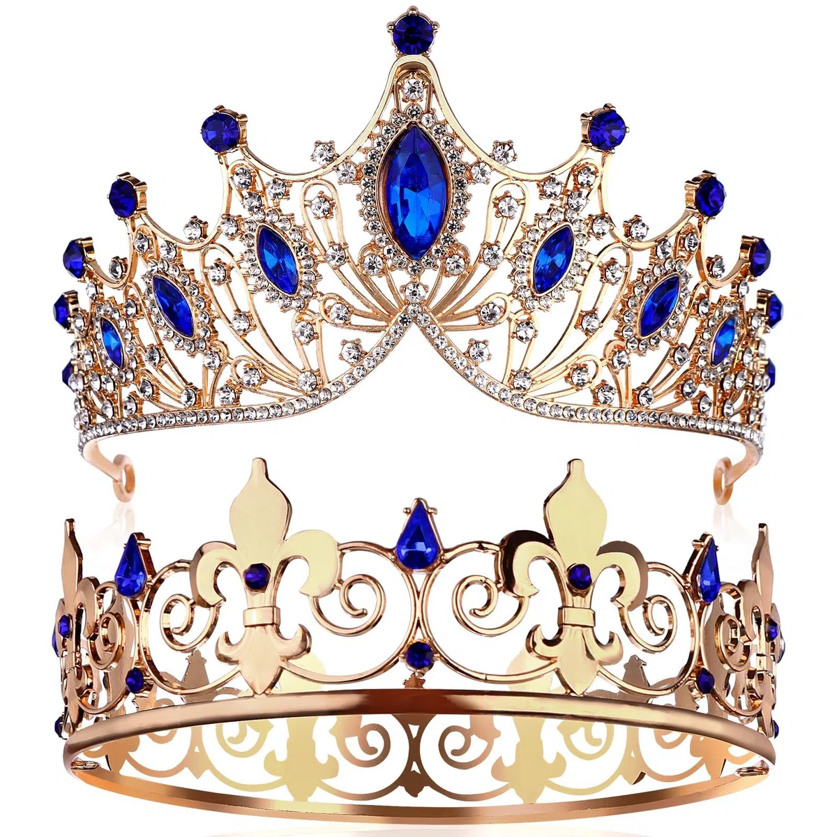 Set di 2 corone da ballo per re e regina da uomo, corona reale con strass blu, corone da donna, tiara, copricapo, per matrimoni, Halloween, feste di ritorno a casa, decorazioni per feste