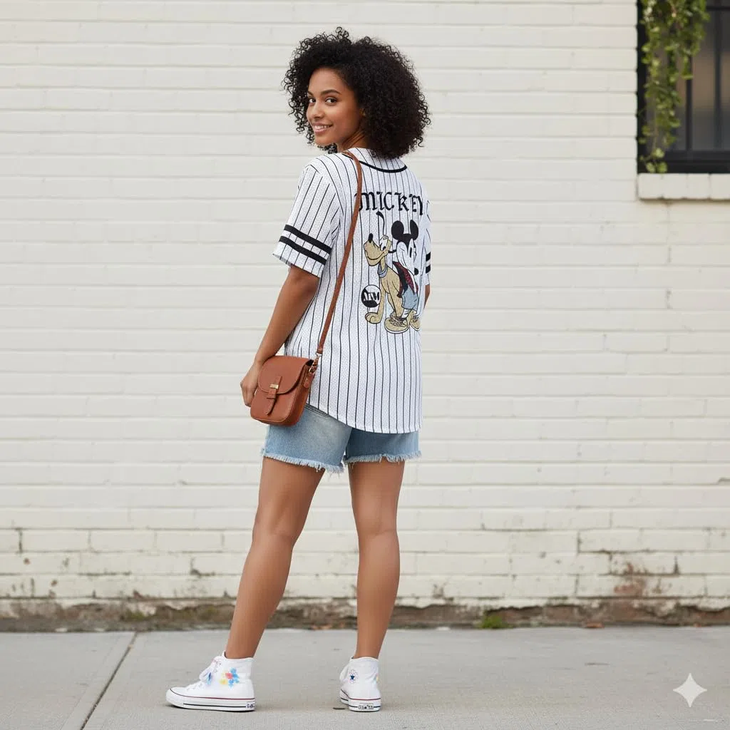 Disney Maglia da baseball da donna con bottoni Topolino e Plutone