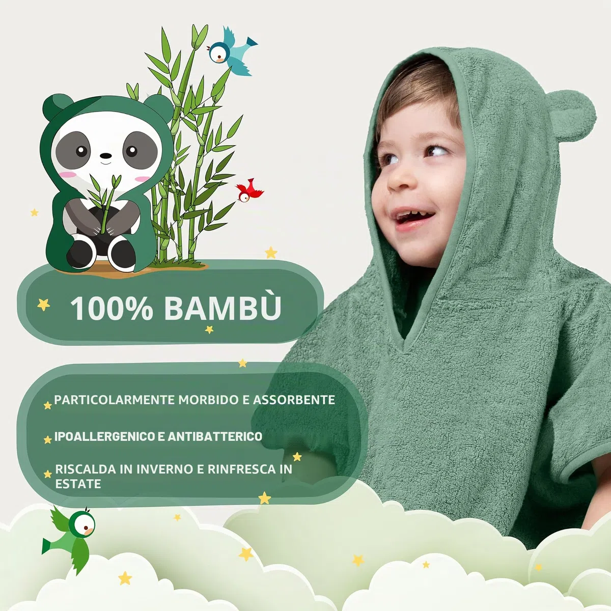 Fuchs&Panda® Poncho da Bagno per Bambini Extra Caldo e Morbido (100% Bambù) | Asciugamano Poncho Con Ottima Confezione Regalo (Rame-Verde)