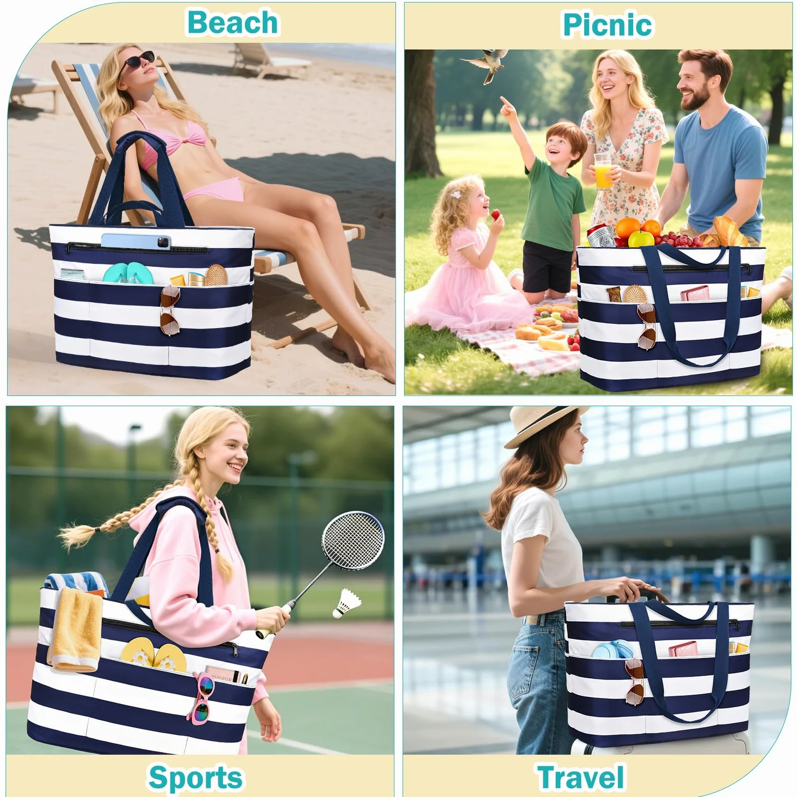 Borsa Mare Grande Borsa Spiaggia Donna XXL Famigli Impermeabile Beach Bag Con Zip Pieghevole Borsa Da Spiaggia Multitasche Tote Bag Per Spiaggia, Viaggio, Vacanza. 50L