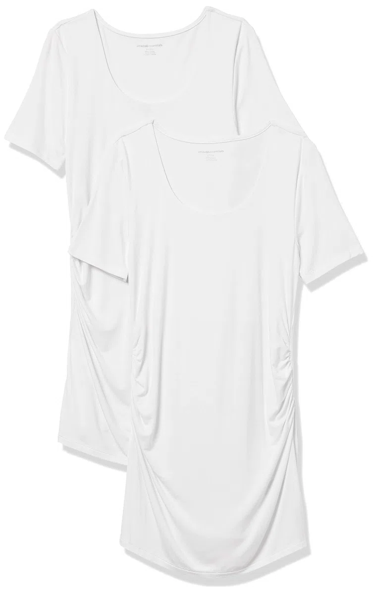 Amazon Essentials T-Shirt con Scollo Rotondo e Arricciatura a Maniche Corte Premaman Donna, Pacco da 2
