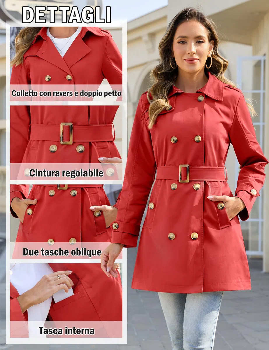 Yuson Girl Trench Donna Doppiopetto Cappotto Classico Trench Impermeabile con Cappuccio Leggero Parka Windbreaker Giacche Primaverile Autunnale Antivento Trenchcoat con Cintura