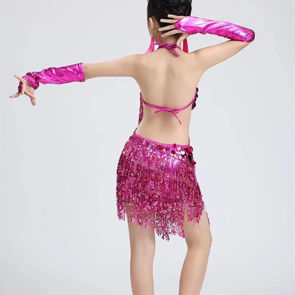 Ragazze Paillettes Loop Nappe Abito da Ballo Latino Bambini Salsa Samba Rumba Tango Jazz Carnevale Performance Costume da Competizione (Taglie più Piccole)