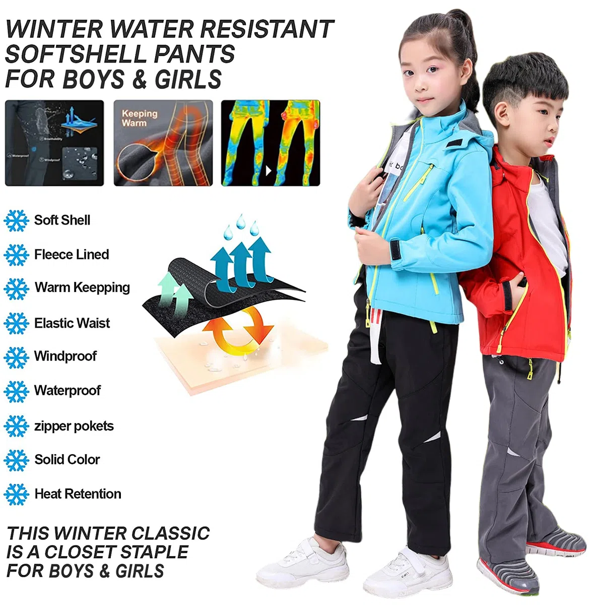 Pantaloni impermeabili per bambini Softshell Pantaloni con foderato in pile Ragazzi Ragazze Outdoor Trekking Pantaloni per Inverno Sciare Vacanze & Snowboard
