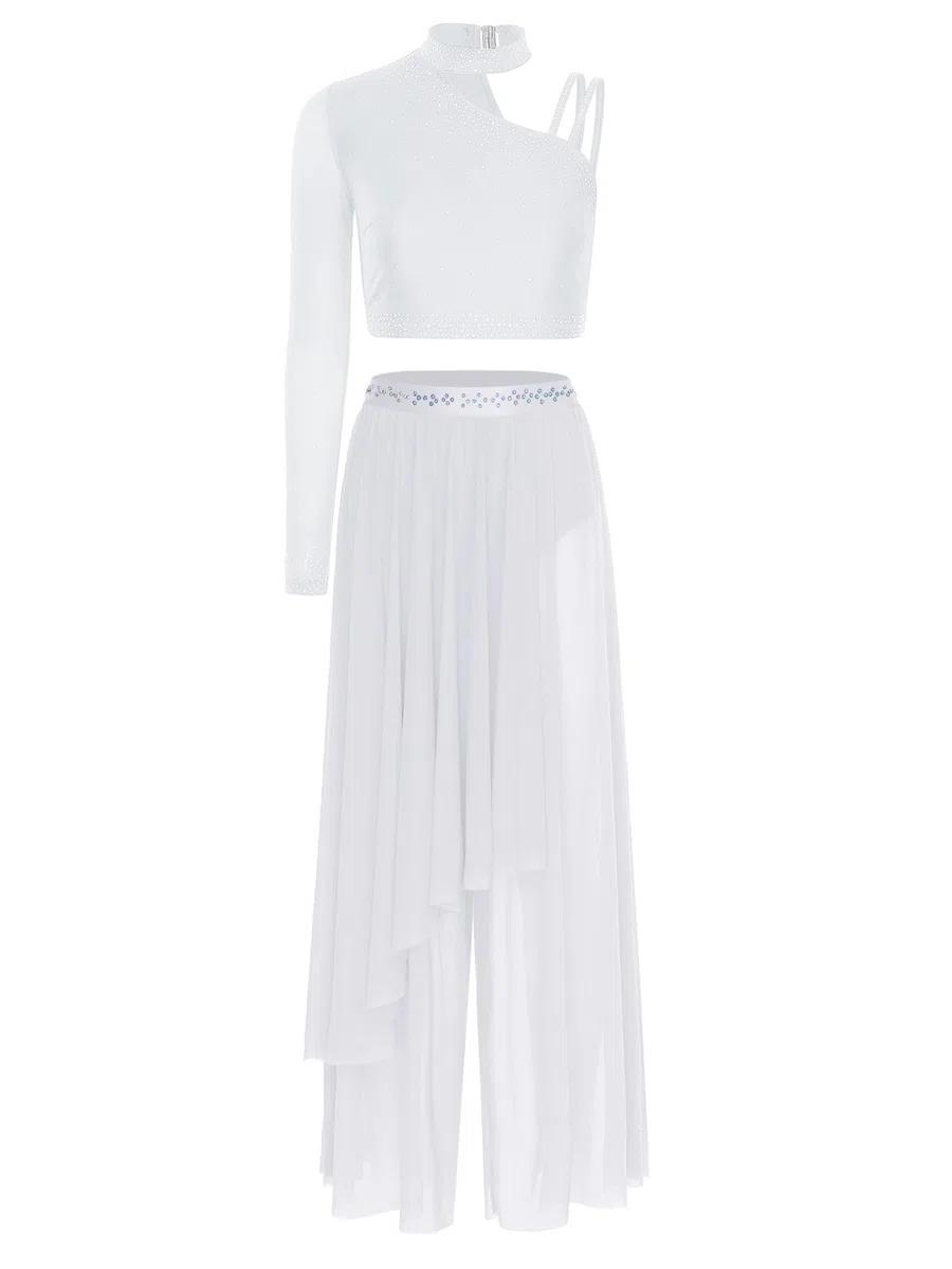 CHICTRY Set da Ballo Latino Americano Donna Monospalla Maglietta Danza Classica Moterna Crop Top + Pantaloni Chiffon Abito da Jazz Hip Hop Competizione
