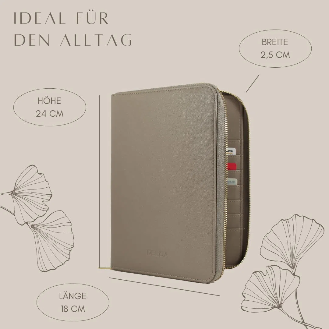 Organizer da viaggio e per famiglie, organizer per quaderni a U 3 in 1, con scomparto per passaporto e passaporto in ecopelle Saffiano, grigio/marrone, 24 cm, Classico
