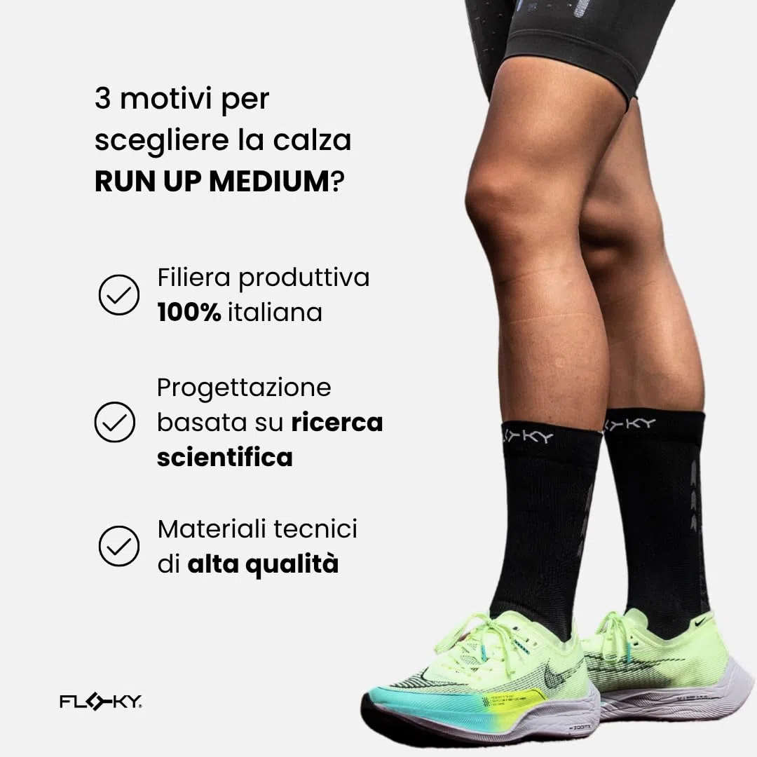 FLOKY RUN UP MEDIUM calze biomeccaniche running e trekking. Calza a compressione. Protezione tendine d'Achille e muscoli gamba, supporto plantare. Massima riduzione vibrazioni.