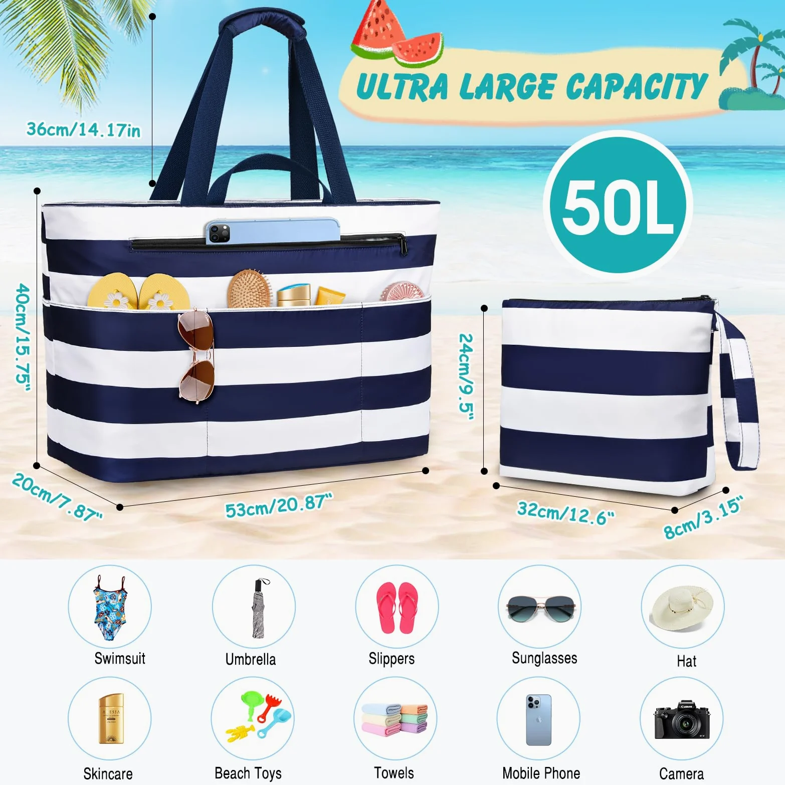 Borsa Mare Grande Borsa Spiaggia Donna XXL Famigli Impermeabile Beach Bag Con Zip Pieghevole Borsa Da Spiaggia Multitasche Tote Bag Per Spiaggia, Viaggio, Vacanza. 50L