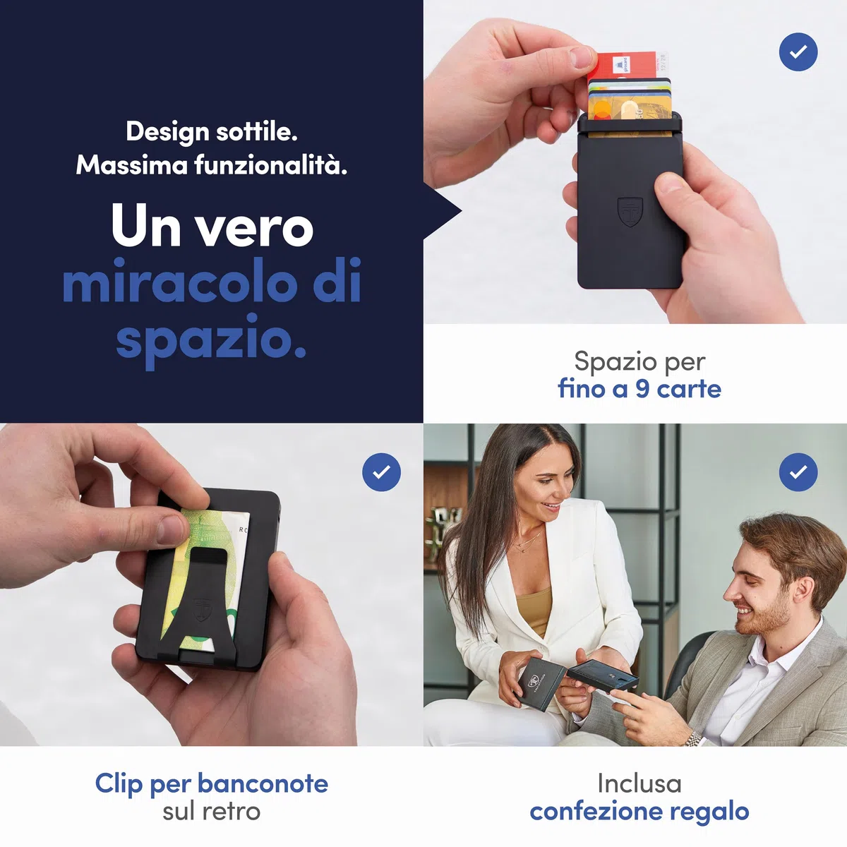 TRAVANDO SLYDE portacarte in alluminio con protezione RFID – porta carte con fermasoldi per 9 carte – astuccio per carte di credito, portafoglio da uomo, slim wallet (8-9 Carte)