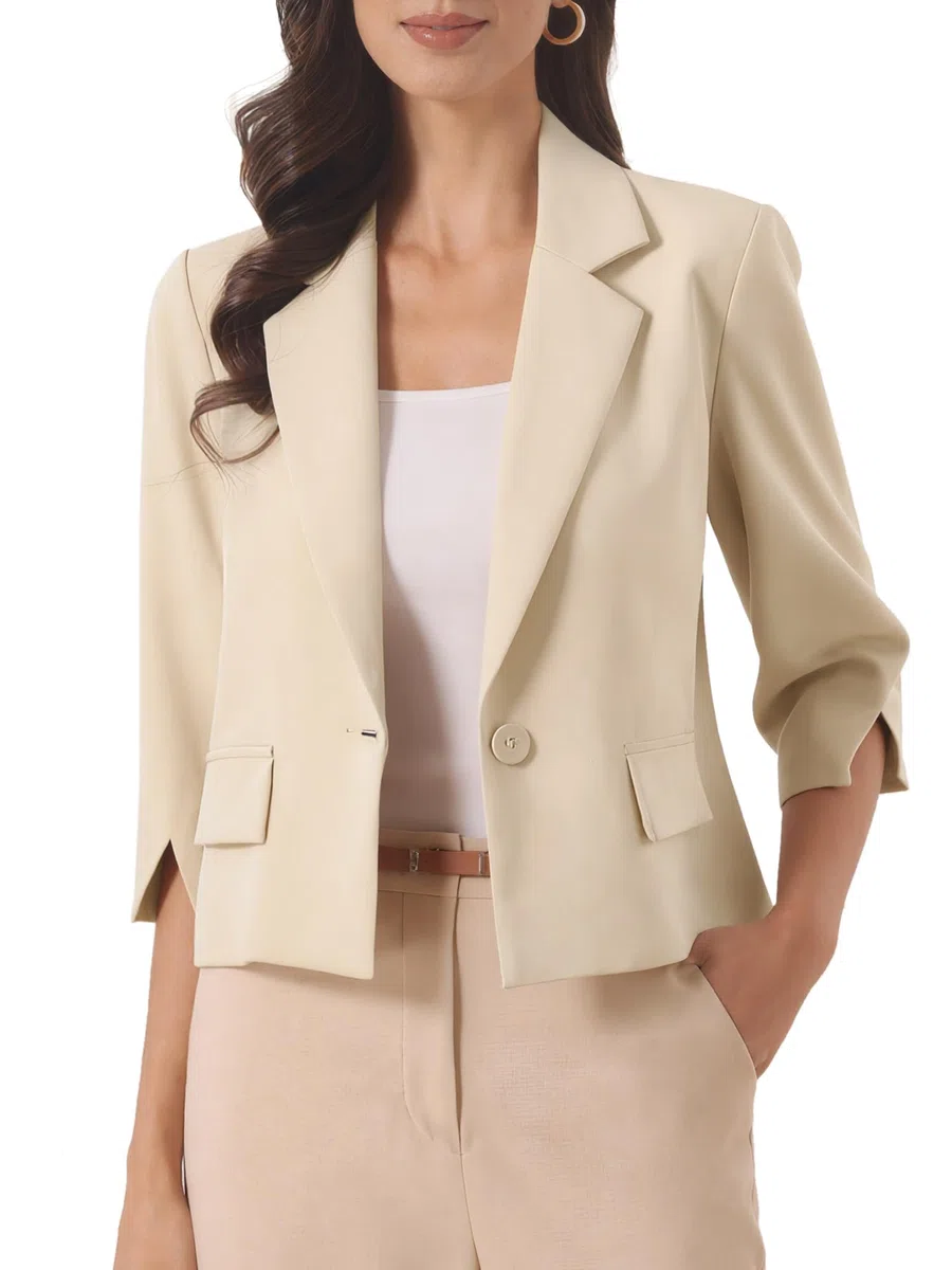 Allegra K Blazer Corti da Donna Giacca Casual da Lavoro con Un Bottone Colletto con Revers e Maniche a 3/4