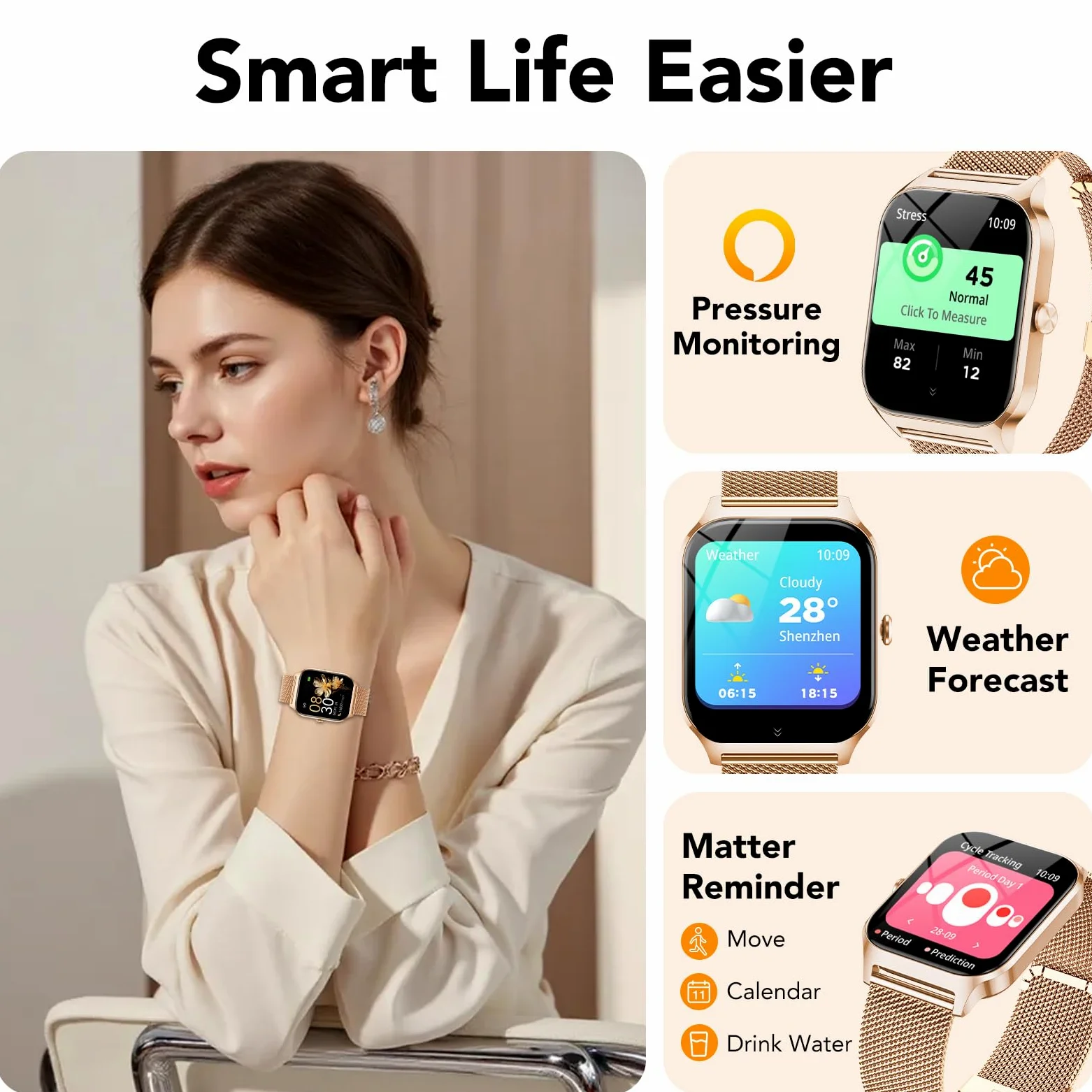 CASCHO Smartwatch Donna,1.85''Orologio Smartwatch Donna con Chiamate/Notifiche WhatsApp,120 Modalità Sportive/Sonno/Cardiofrequenzimetro/SpO2/Contapassi,Smart Watch per Android iOS(Doppio Cinturino)