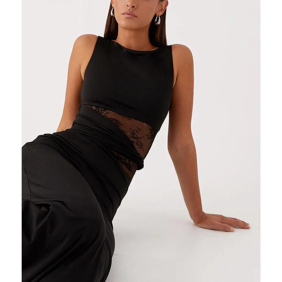 Abito Lungo Donna Maxi Vestito Sexy Senza Maniche Aderente Abito Elegante in Pizzo Floreale Patchwork Abiti da Festa Bodycon con Scollo Rotondo per Discoteca Cocktail Nozze Club Cerimonia
