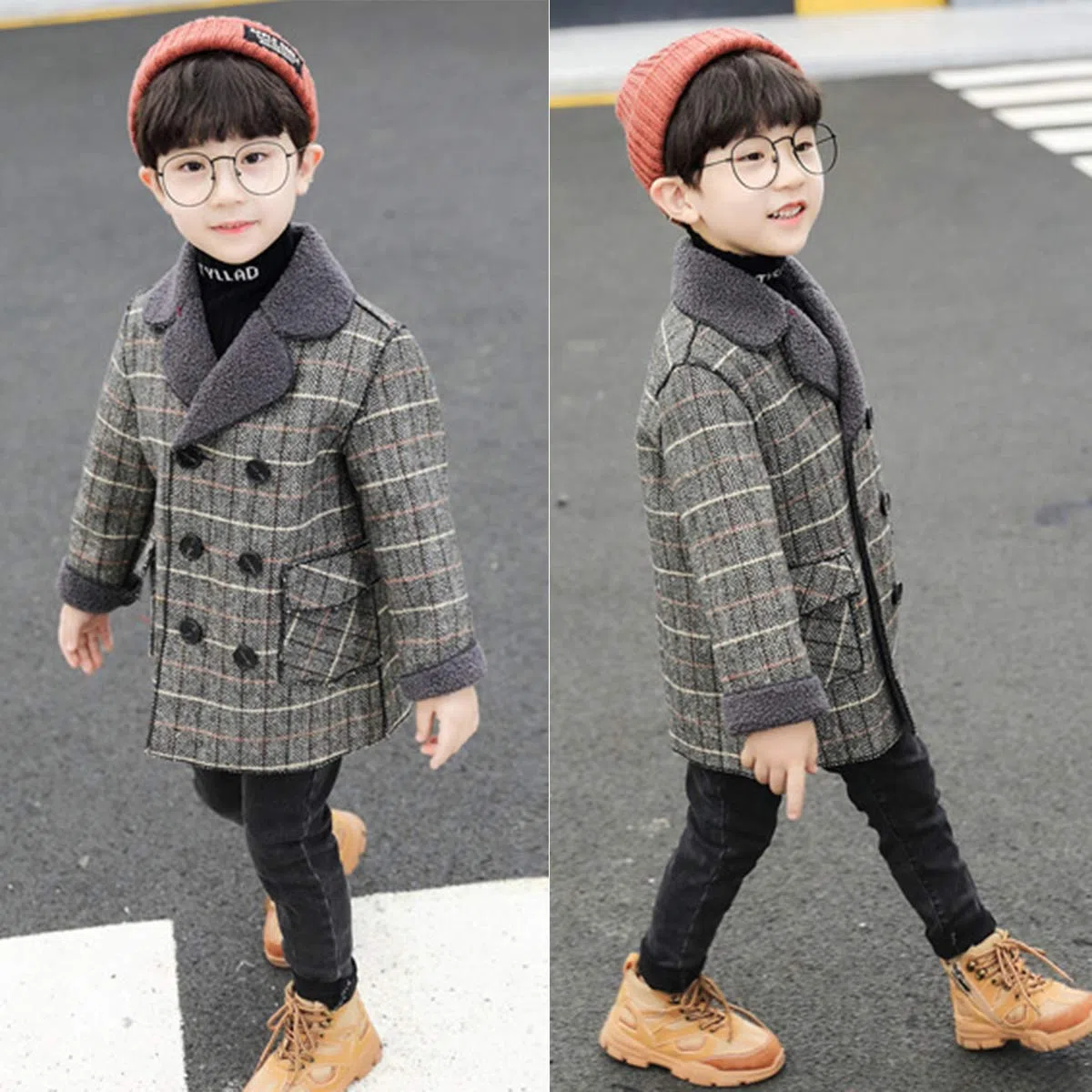 amropi Bambini Ragazzi Inverno Cappotto Doppio Petto Plaid Giacca Imbottita Caldo Capispalla