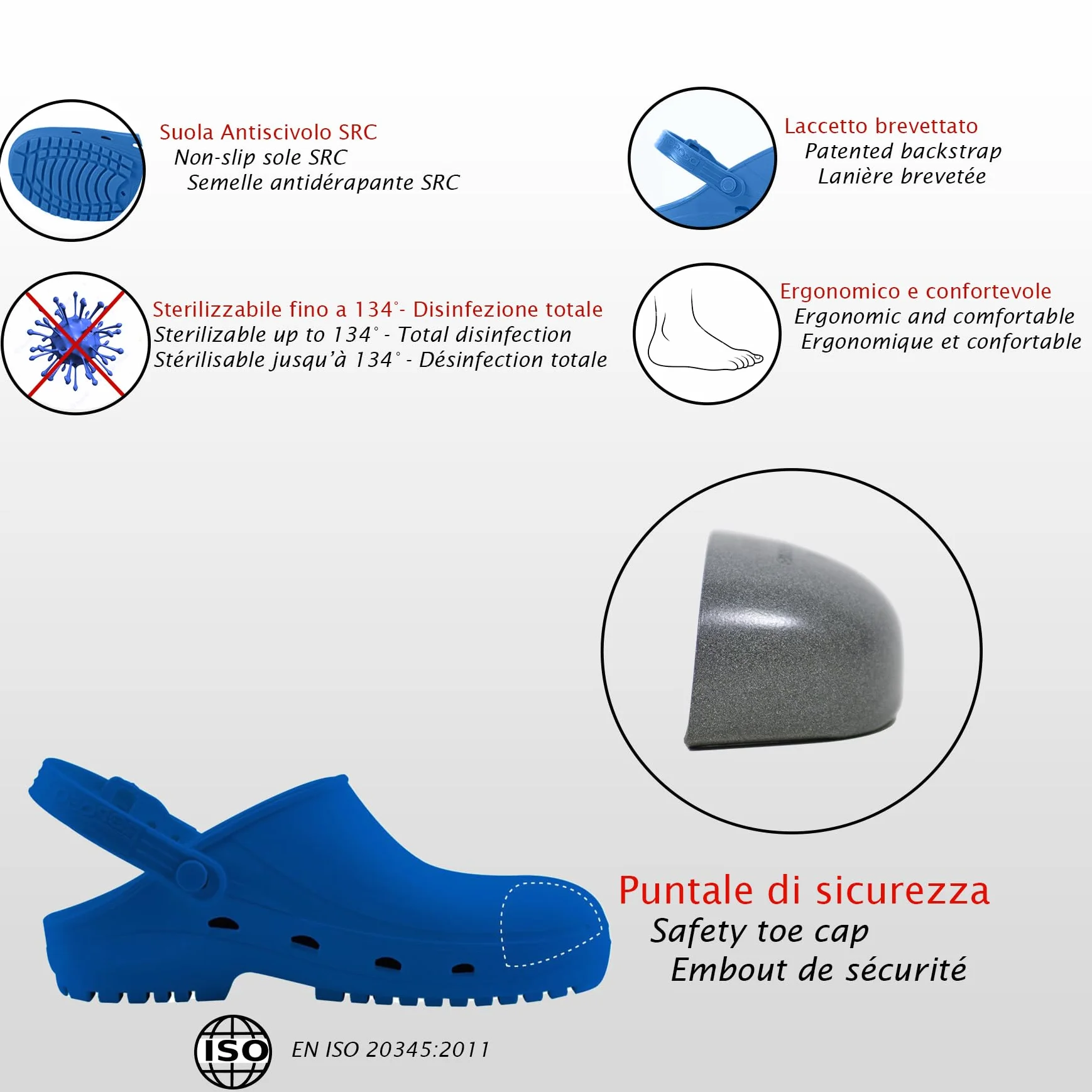 REPOSA Safe - Zoccoli Sanitari Donna e Uomo in Gomma, Ciabatte Sanitarie Anatomiche con Laccetto Regolabile, Suola Antiscivolo e Puntale di Sicurezza in Acciaio, Scarpe Sanitarie Antishock Traspiranti