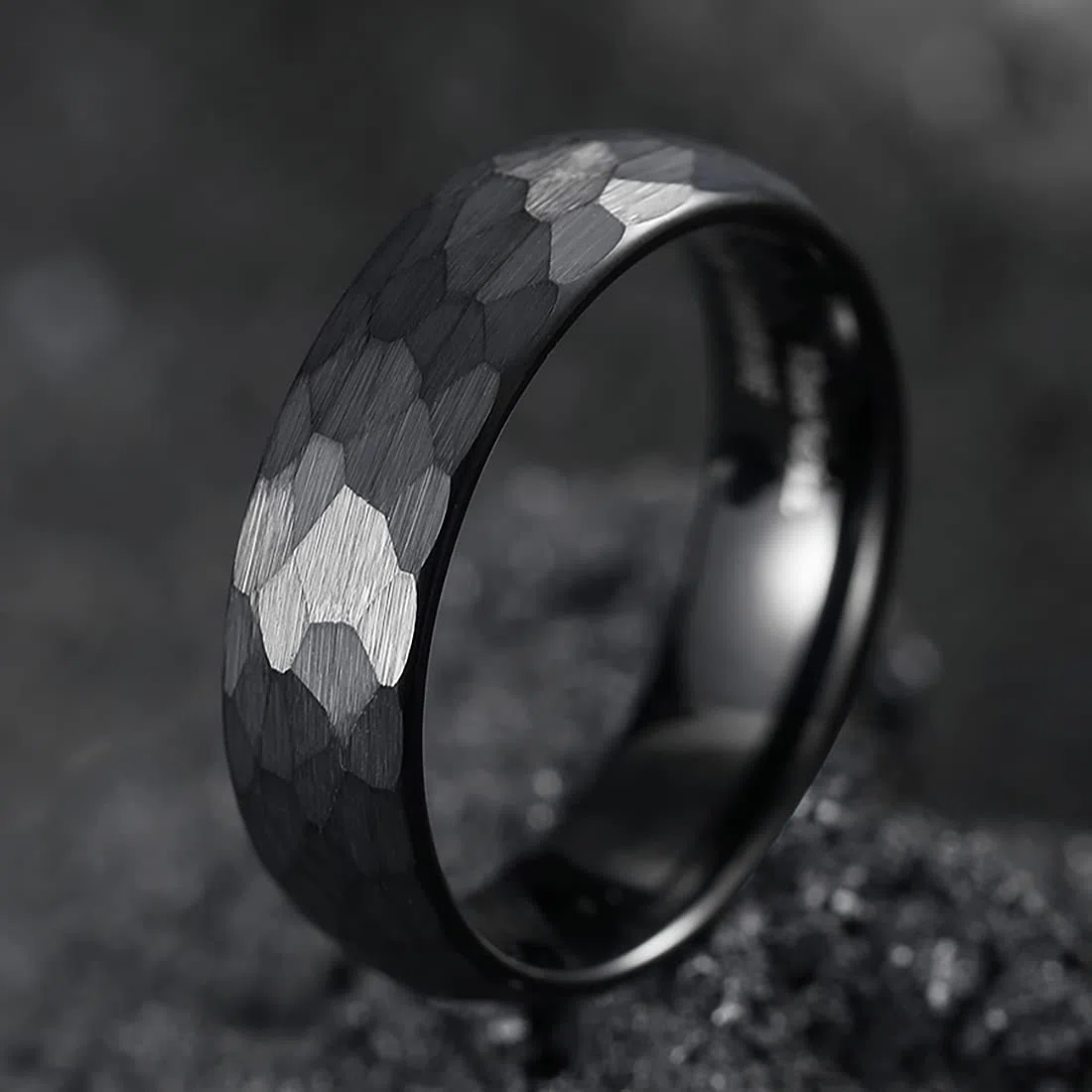 King Will HAMMER - Anello in tungsteno, 8 mm, argento/nero, con martello, taglio comodo, sfaccettato, da uomo, fede nuziale lucida/bordi smussati