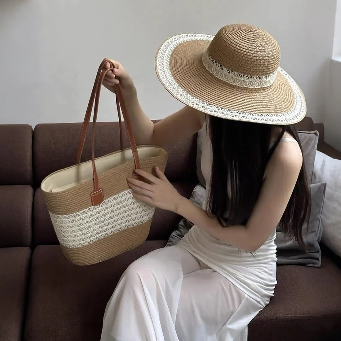 Pahajim Set Borsa e Cappello di Paglia Tote Bag in Rafia Borse Estive Donna Elegante Borse a Spalla per Spiaggia Viaggio Vacanza