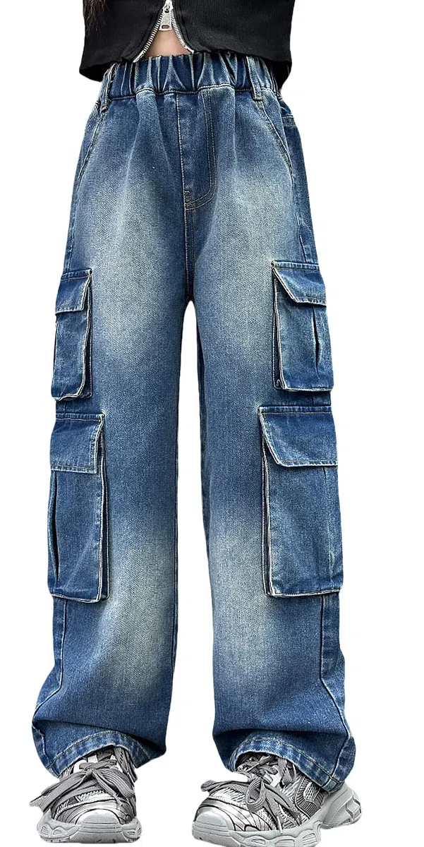 SEAUR Jeans da ragazza Baggy Cargo Multi Tasche Pantaloni cargo Y2K Hip Hop Streetwear per il tempo libero per bambini Jeans elastico in vita – 120 – 170 = (EU 110 – 164)