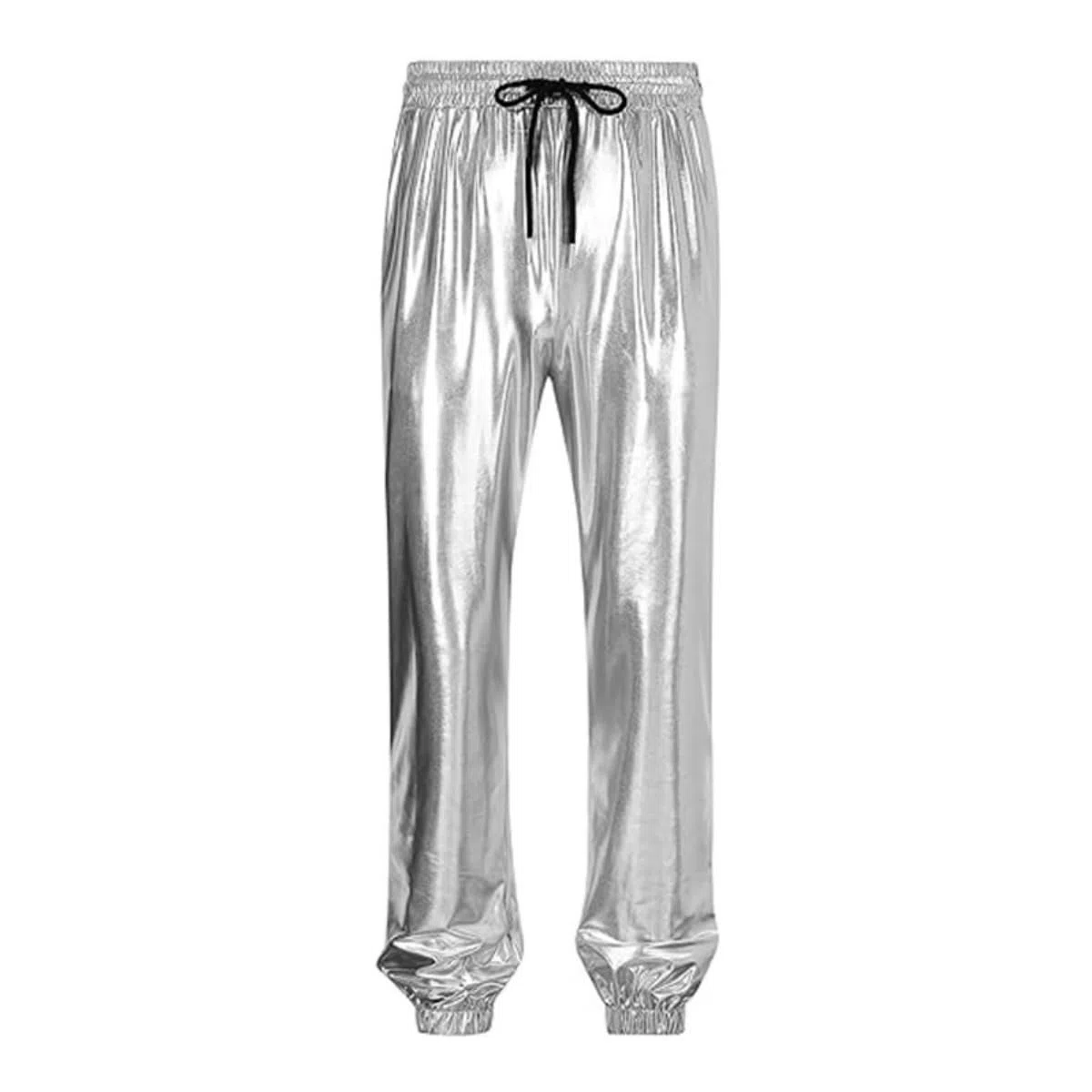 Pantaloni lucidi da uomo, pantaloni da discoteca con coulisse in vita metallizzata con tasche, vita media, in finta pelle, ologramma, hip hop, pantaloni elastici a lunghezza intera, look bagnato, per