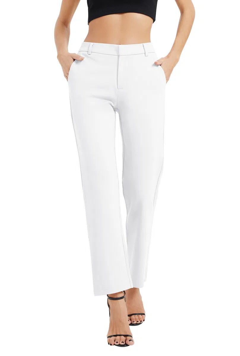 EXCHIC Donne Business Gamba Dritta Elastico Vita Lavoro Pantaloni Casual Comodo Bootcut Pantaloni con Tasche