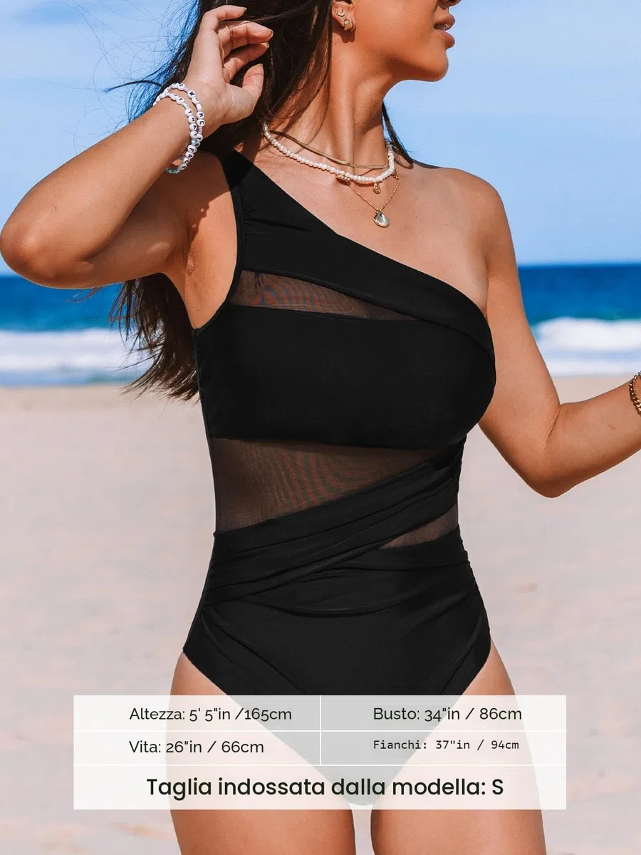 CUPSHE, Costume da bagno intero da donna per il controllo della pancia, increspato sul collo, asimmetrico con una sola spallina, in rete