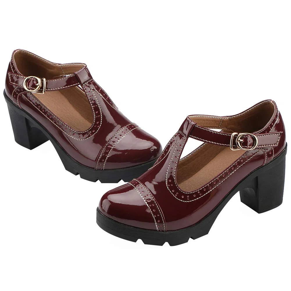 ANUFER Donna Medio Tacco a Blocco T-Cinghia Brogues Pumps Mary Janes Uniforme Ufficio Scarpe da Sera