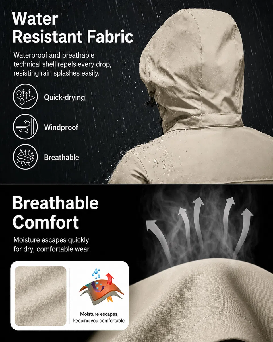 AMZSPORT Uomo Antipioggia Impermeabile Antivento con Cappuccio Leggera e Comprimibile Traspirante per Escursionismo,Corsa,Viaggi,Trekking