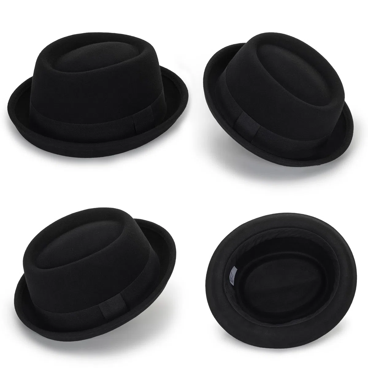 Cappello da uomo piatto Porkpie cappello soffiatore – cappello di lana nera con fascia (S-M)