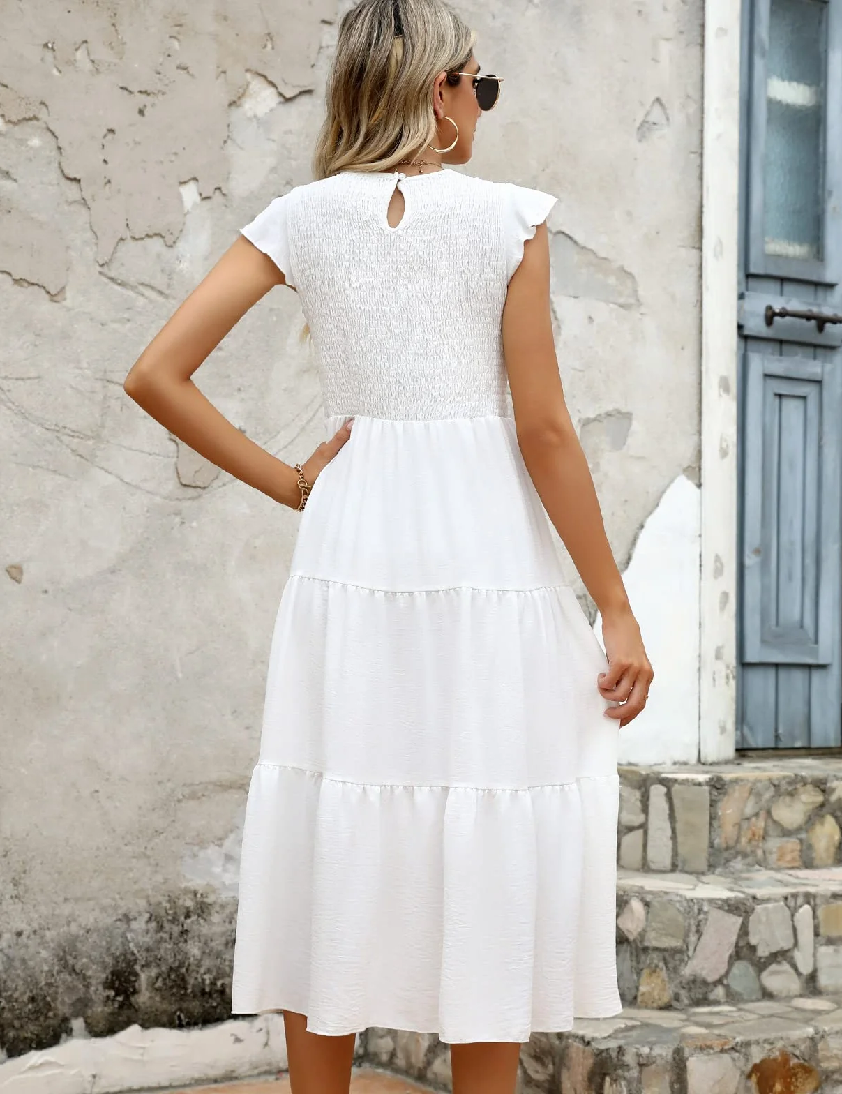 CMTOP Vestito Donna Estivo Abito Lungo Estivo Girocollo Scollo Vestiti con Manica a Volant Casuale Vita Elastica Abiti da Mare Spiaggia Eleganti Tinta Unita Abito di Linea A