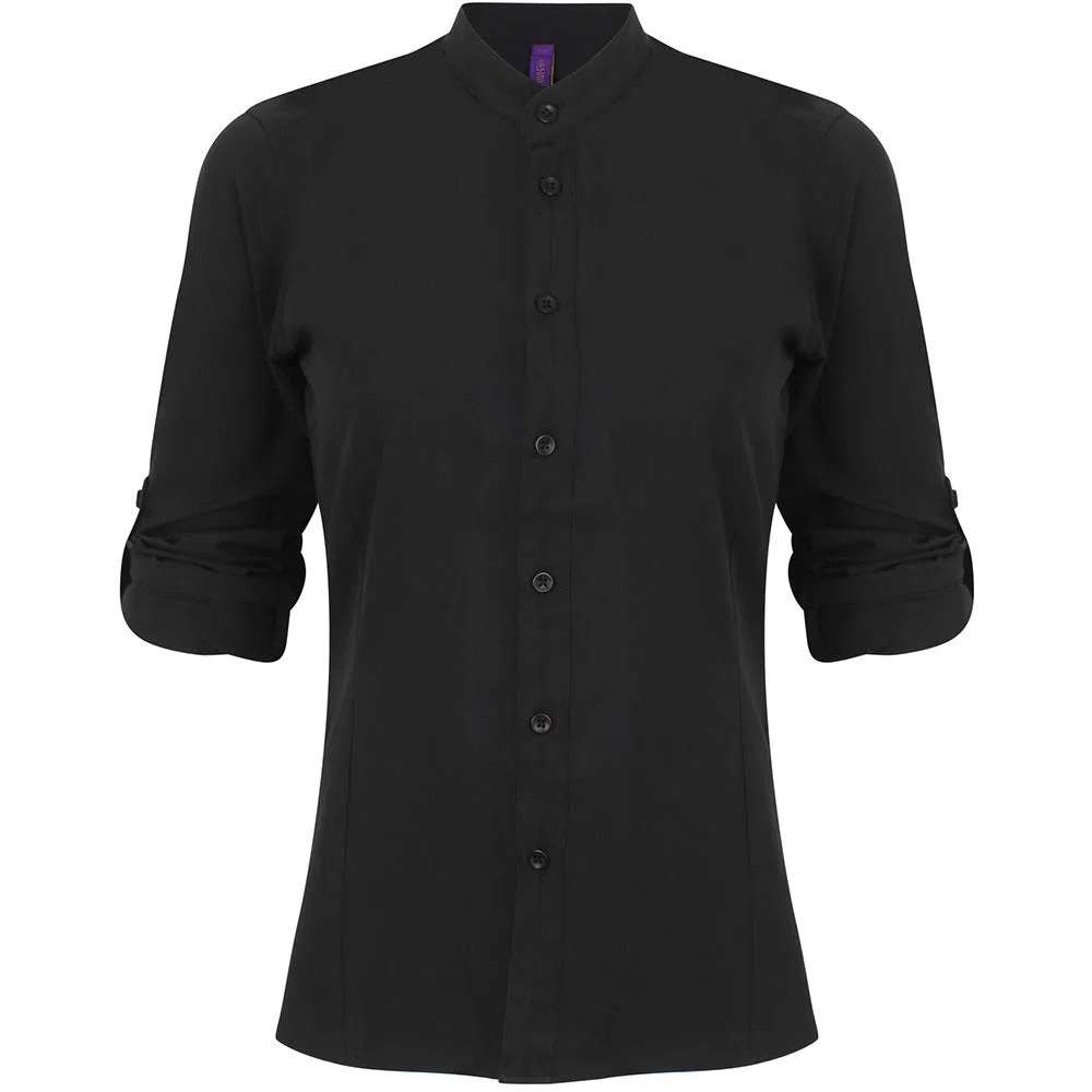 Henbury - Camicia con colletto alla coreana e maniche ripiegabili - Donna (S) (Nero)