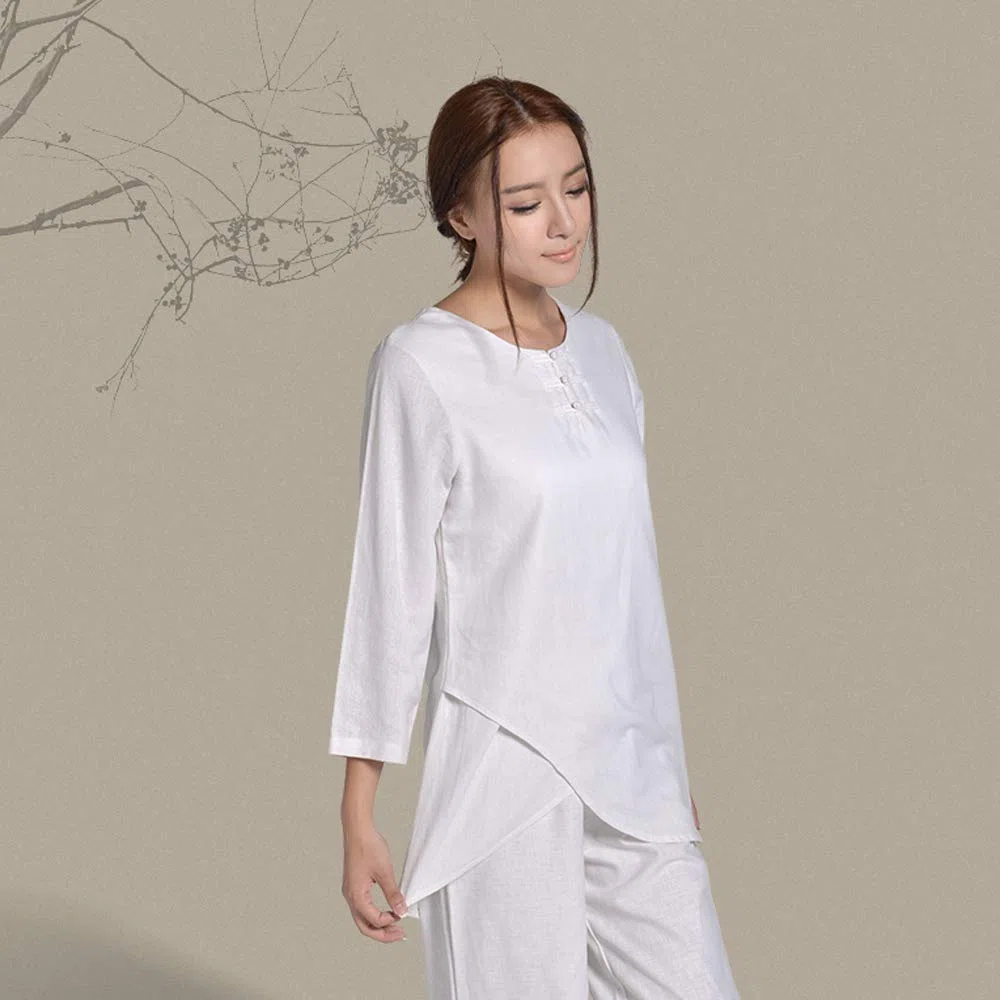 KSUA Uniforme da Allenamento per Donne Tai Kung Fu in Cotone con Arti Marziali e Maniche a Tre Quarti